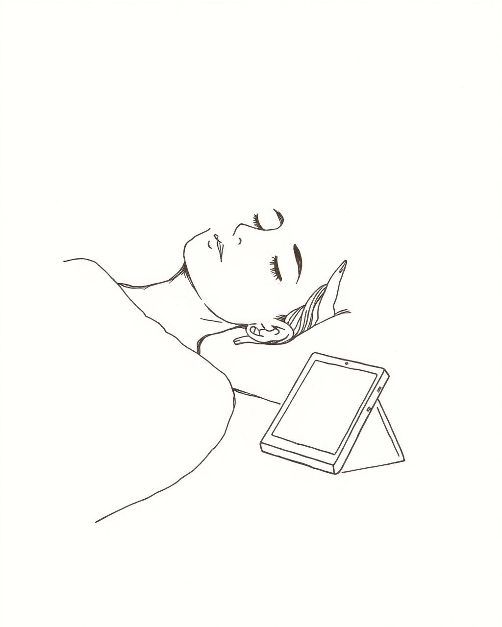 A line drawing of a person sleeping quietly beside an AI device.