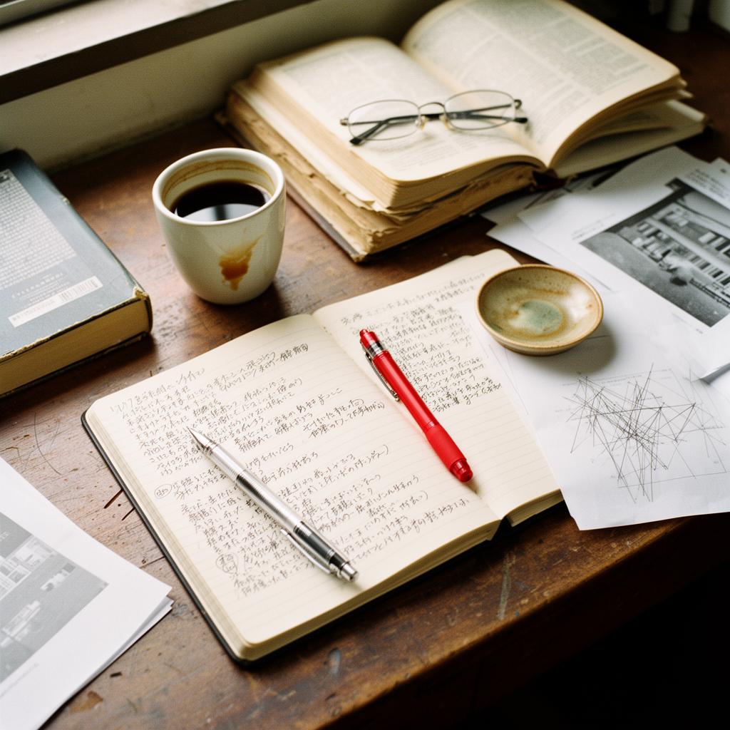 An editor’s desk — a notebook and coffee, a red pen, a half-read book.